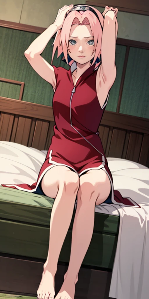 Sakura Haruno from Naruto, pink short hair, beautiful woman sitting on bed, anime style, 1girlsitting, barefeet together, raise arms showing armpits