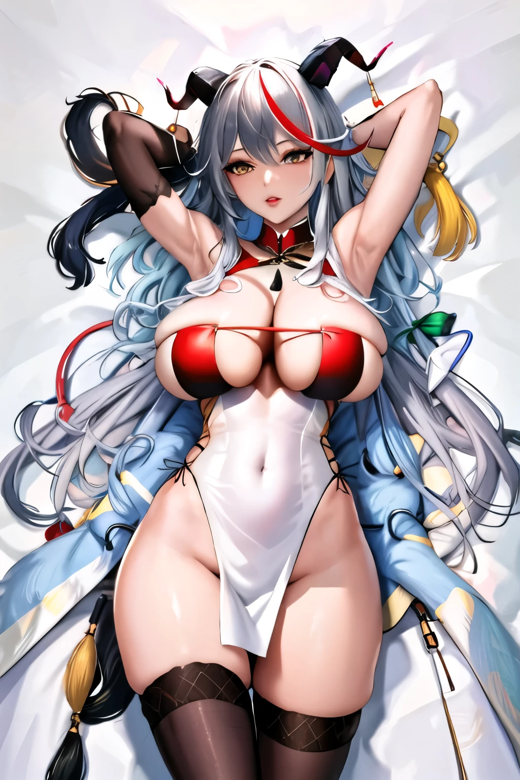 (masterpiece),(best quality),ultra detailed,1girl, armpits, arms behind head, arms up, bangs, cleavage, dakimakura \(medium\), demon horns, detached collar, dress, elbow gloves, fur trim, gloves, hair between eyes, horns, (huge breasts), long hair, looking at viewer, lying, multicolored hair, navel, official alternate costume, on back, parted lips, pelvic curtain, red hair, skindentation, solo, streaked hair, thighhighs, thighs, two-tone hair, very long hair, white hair, yellow eyes,shiny skin,spring-aegir,mature female,;o