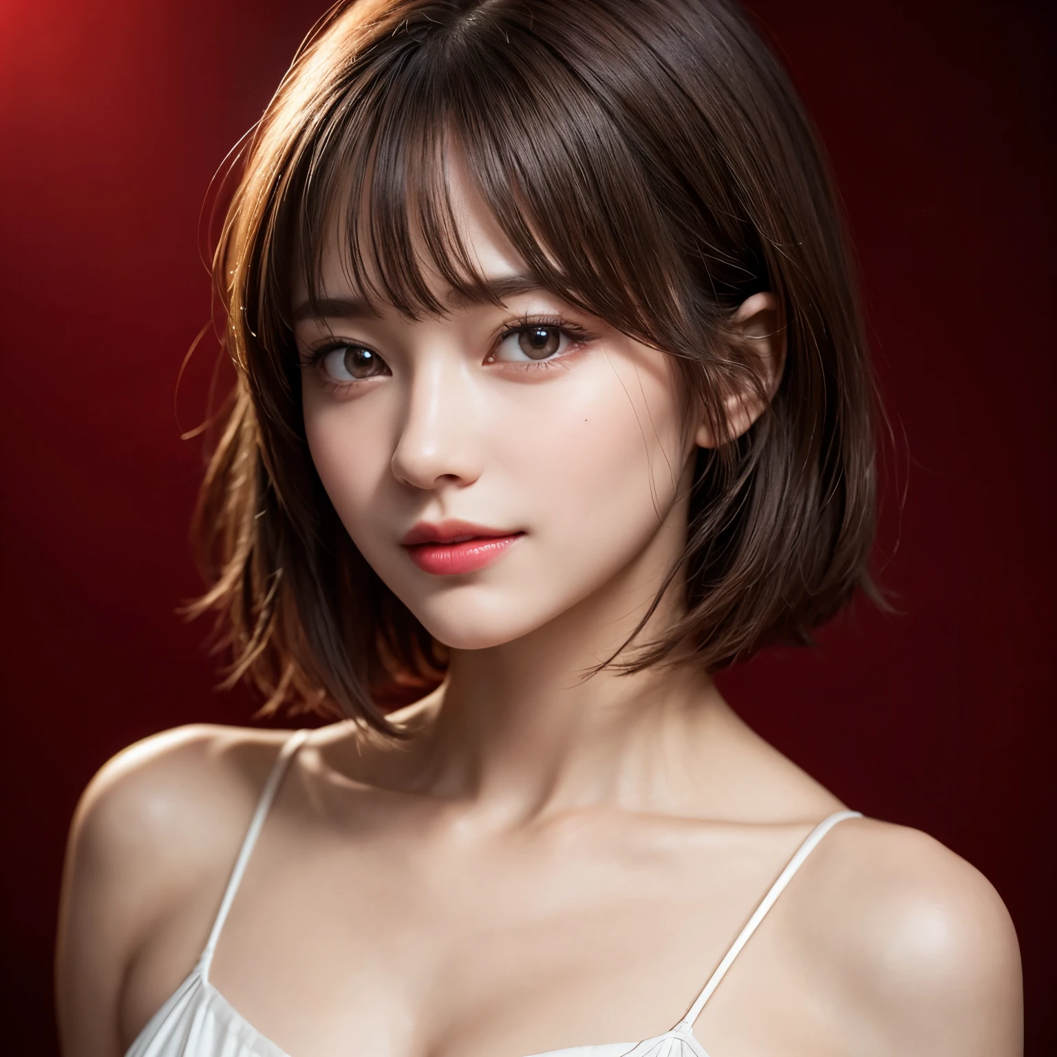 (1girl), Extremely cute, Amazing face and eyes, (Beautiful lovely smile), (extremely detailed beautiful face), bright shiny lips, (Best Quality:1.4), (Ultra-detailed), (A hyper-realistic, Photorealsitic:1.37), Beautiful fair skin, extremely detailed CG unified 8k wallpaper, professional photograpy, Cinematic lighting, (best quality,4k,8k,highres,masterpiece:1.2),ultra-detailed,(realistic,photorealistic,photo-realistic:1.37),beautiful eyes,beautiful lips,detailed face,red lipstick, gorgeous girl, elegant look,long eyelashes, confident expression,flawless skin, posing gracefully,flowing red fabric,soft and silky material,graceful movement,vibrant colors,artistic lighting,studio photo shoot, dreamy atmosphere, look younger, look younger, , vibrant colors,artistic lighting, studio photo shoot, sweet face, sweet face, short hair, short hair, very short hair, very short hair, half body frame, half body frame, artistic lighting,studio photo shoot, dreamy atmosphere, red background, red background, half body frame, half body frame, red background, shortter hair, shorter hair, red background, half body frame, half body frame, half body frame