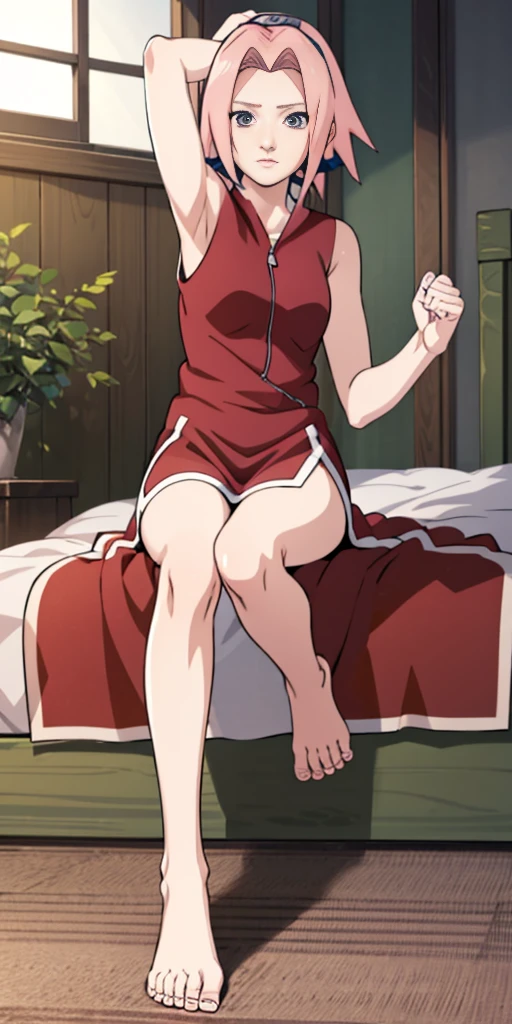 Sakura Haruno from Naruto, pink short hair, beautiful woman sitting on bed, anime style, 1girlsitting, barefeet together, raise arms showing armpits