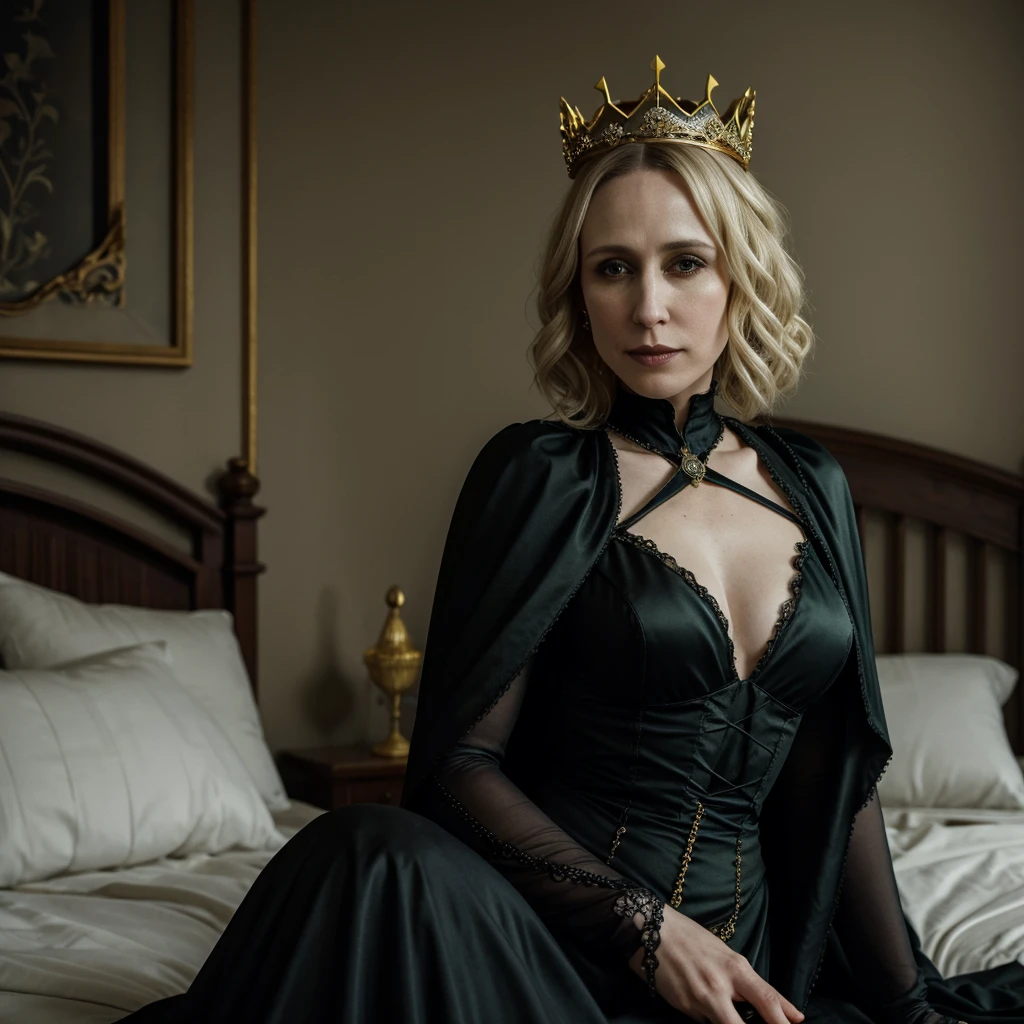 Portrait of Vera Farmiga with a golden crown, blonde platinum hair, pale skin, green eyes, gothic victorian dress, black makeup, black cape, golden jewels, gothic visual, sitting on a bed,