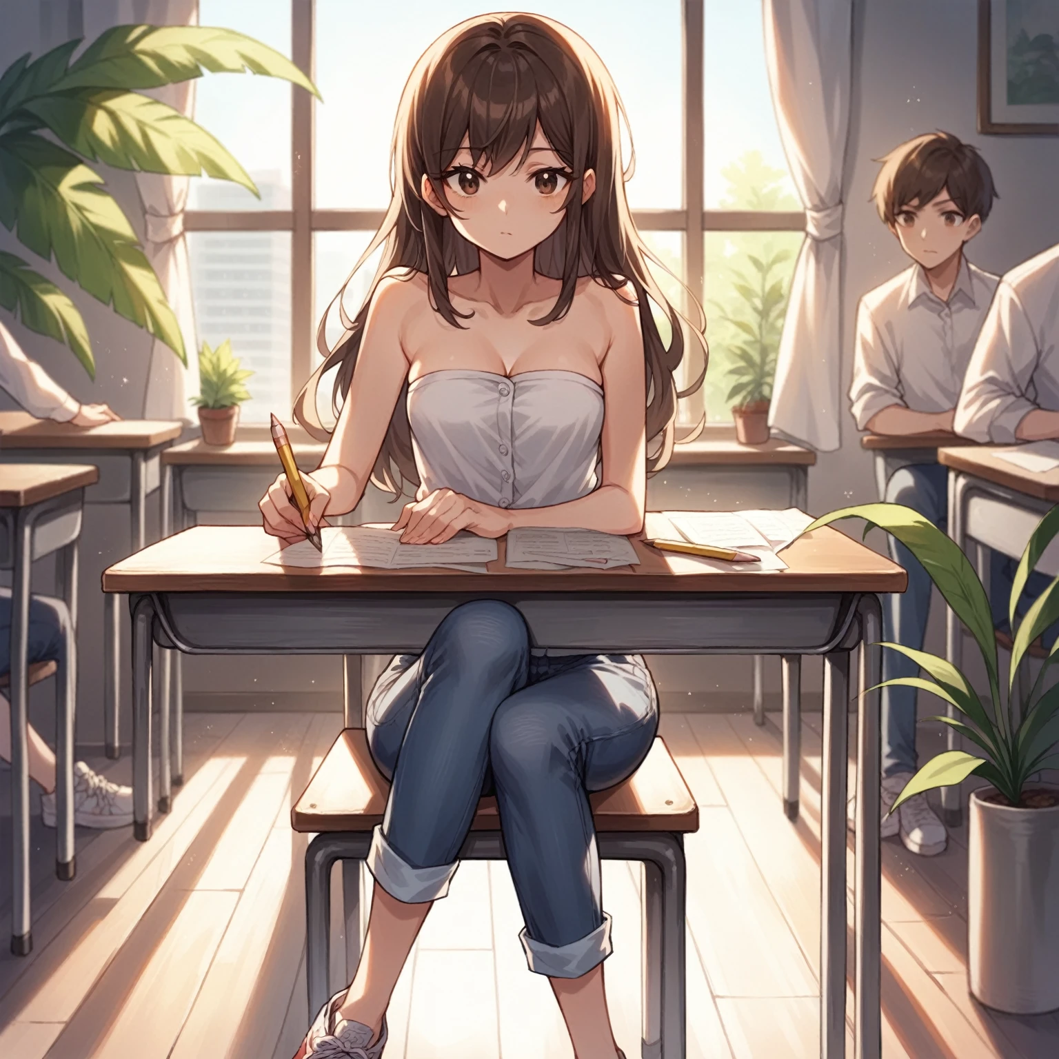 Best quality, masterpiece: 1.3, dusk, very long brown hair swept bangs and brown eyes, strapless white shirt with pocket, jeans, sneakers, anime, sitting on chair in front of desk, holding pencil, college student taking exam, looking at papers, potted plants, windows, people in background,