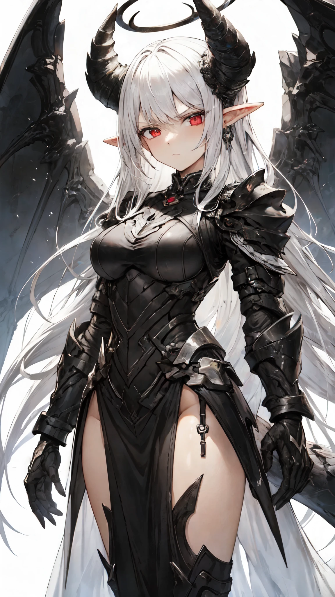 master piece, best quality, ultra detailed, ultra hires, 8K, A female knight in an armored dress, Black halo above head, black goat horns on head, black dragon tail growing, large black wings on back, White hair in an updo hairstyle with blunt bangs, long hair, disgruntled expression, red eyes, narrowed eyes, slightly pointed ears, Athletic, toned body, medium breasts