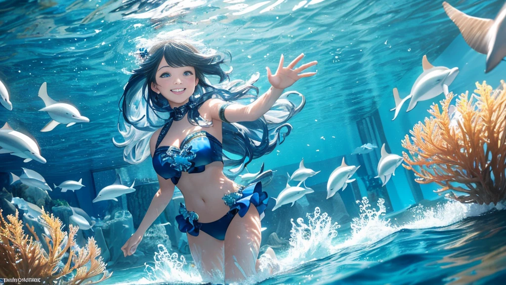 (best quality,4k,8k,highres,masterpiece:1.2),ultra-detailed,(realistic,photorealistic,photo-realistic:1.37),underwater,assassin girl,beautiful detailed eyes,beautiful detailed lips,extremely detailed eyes and face,long eyelashes,dark and mysterious,athletic build,streamlined figure,martial arts expertise,two short katanas,strategic pose,water flowing around her,water bubbles,rippling water surface,sparkling sunlight illuminating the scene,cool blue color palette,dynamic lighting and shadows,action-packed,dramatic atmosphere,energetic movement,forceful strikes,reflections on the water surface,thrilling battle scene,emphasizing grace and power