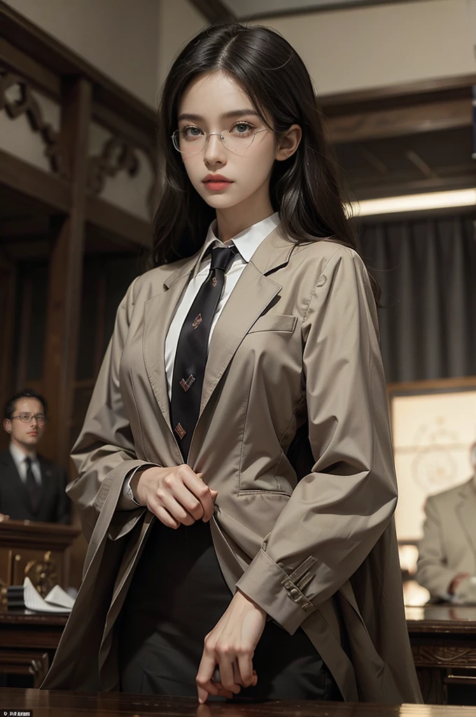 (((best quality))),(((ultra detailed))),(((masterpiece))),illustration,medium straight neat hair,a beautiful girl,solo,glasses,((sleek blazer,necktie,collared shirt)) ,confident lawyer, slim,thin,sophistication, power, courtroom, intense gaze, determination, natural light, wooden furnishings, judges bench, audience seating, serious atmosphere, strength, professionalism, commitment,from front,upper body