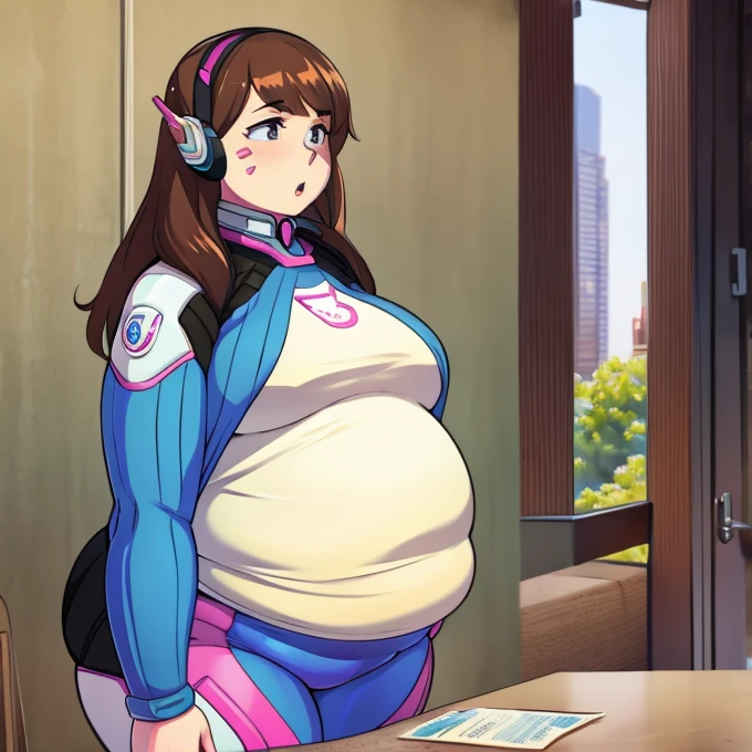 Extremely obese gamer girl, Long brown hair, With hearing aid, Big belly and fat rolls 