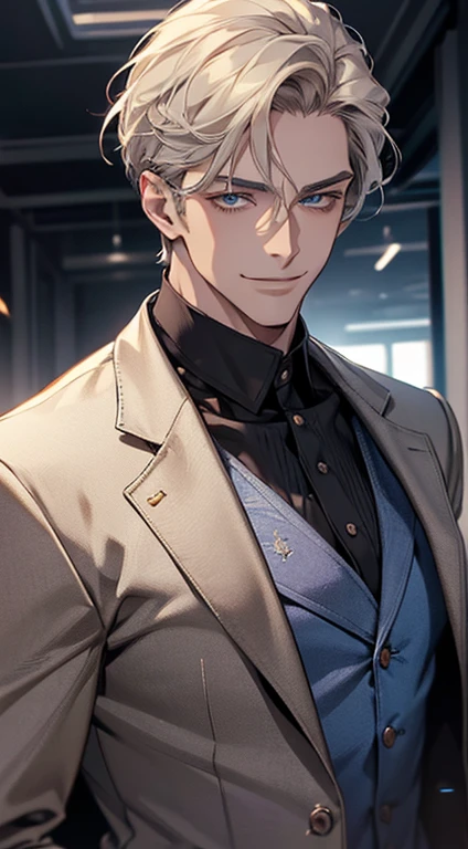 a mature man, very handsome, short grey golden hair, beautiful blue eyes, perfect detailed face, buttoning his jacket, CEO, smiling in love, cinematic lighting, 1:4 HDR, photorealistic, ultra detailed, 8K, best quality, masterpiece