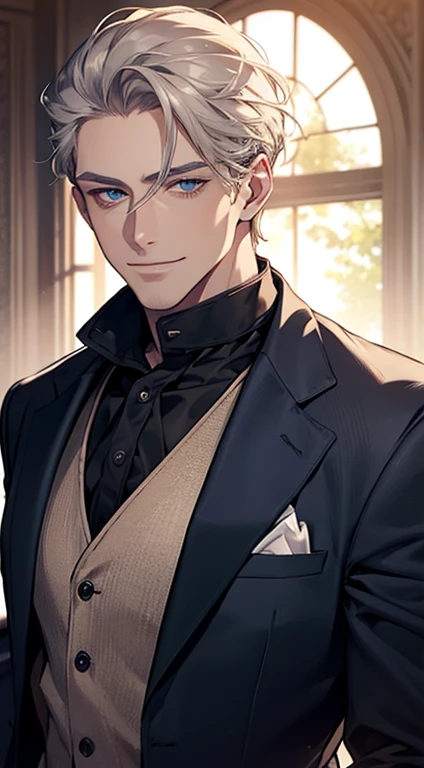 a mature man, very handsome, short grey golden hair, beautiful blue eyes, perfect detailed face, buttoning his jacket, CEO, smiling in love, cinematic lighting, 1:4 HDR, photorealistic, ultra detailed, 8K, best quality, masterpiece
