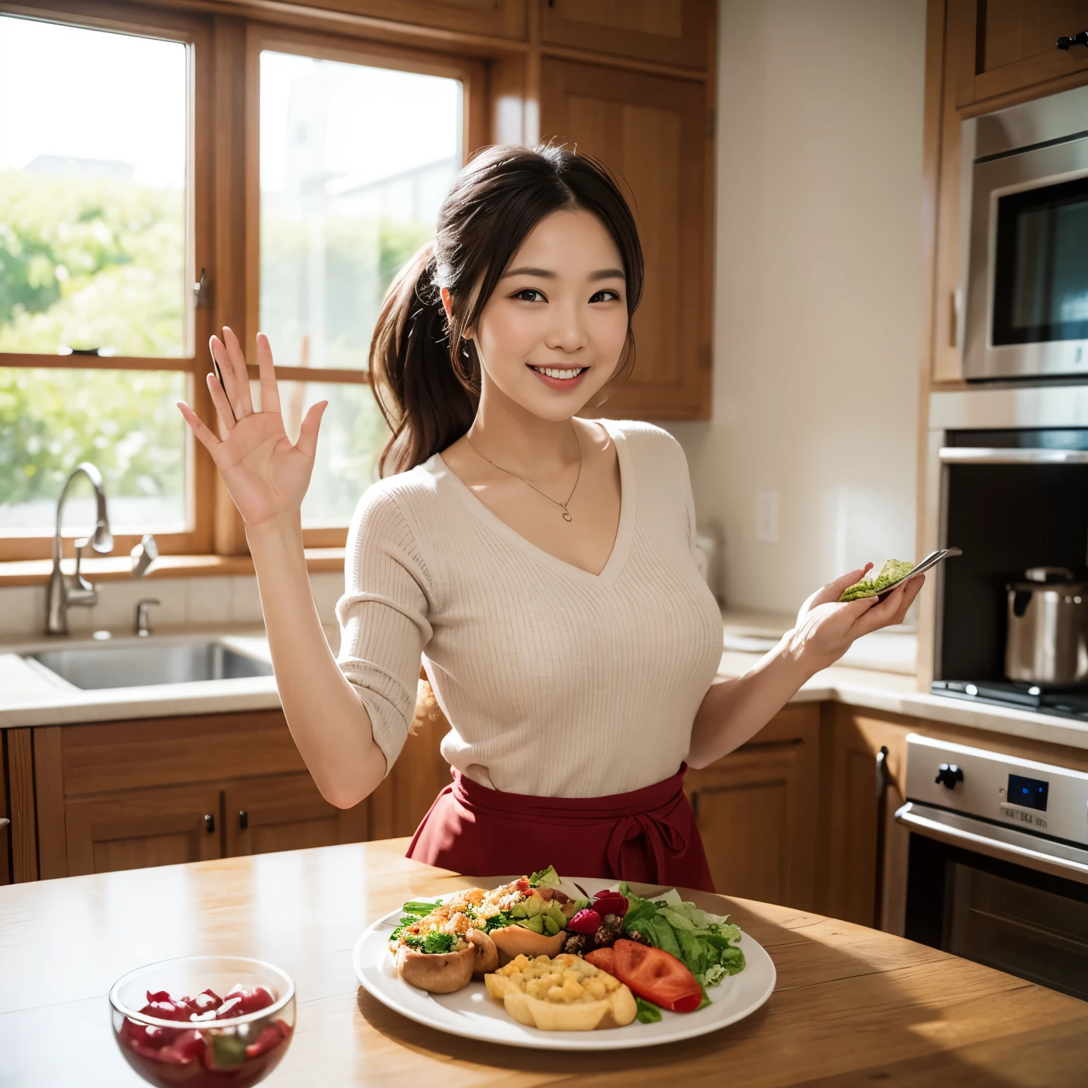 Beautiful woman smiling and facing forward in the kitchen with her right hand raised up and her left hand stretched forward holding a plate of food in her left hand. Realistic photography style