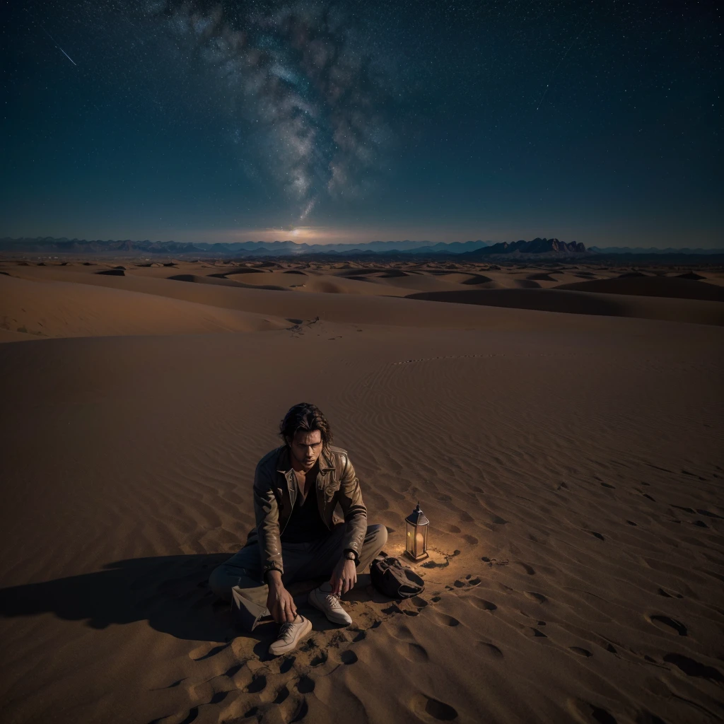 A serene man sitting alone in a vast desert at night, (best quality,4k,8k,highres,masterpiece:1.2),ultra-detailed,(realistic,photorealistic,photo-realistic:1.37), atmospheric lighting, dramatic shadows, detailed facial features, pensive expression, desert landscape, starry night sky, moody tones, cinematic composition