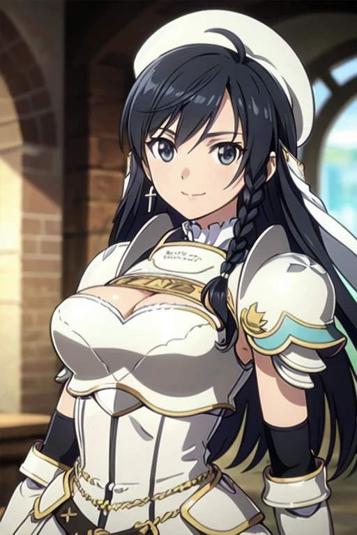 Sonia Blanche, cross earrings, hair ornament, veil, armored dress, pauldrons, breastplate, gauntlets, belt, skirt, greaves, (white beret), 1girl, solo, upper body, big breasts, facing viewer, looking at viewer, smile, hands on hips, (simple white background)