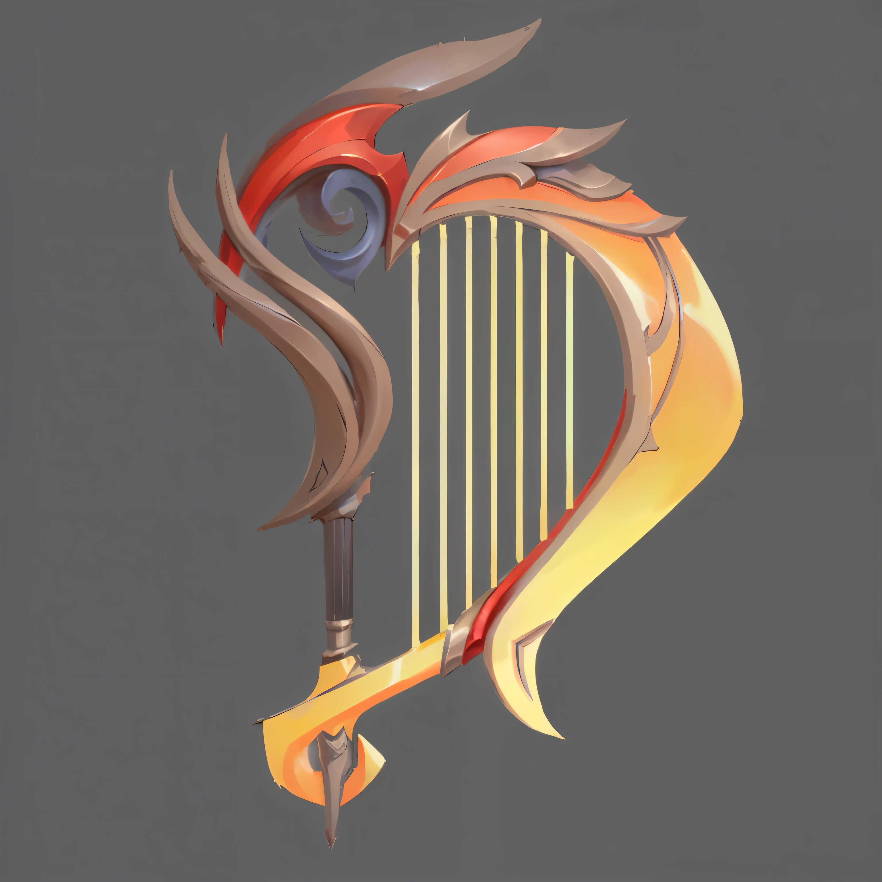there is a picture of a harp with a long tail, harp, Fantasy Scythe, Fantasy Violin, Guitar concept art, Fantasy weapons, (Fantasy Violin), sickle design, Game assets, Stylized game art, Huge stylized shoulder armor, Fantasy RPG Weapon Art, Hearthstone Weapon Art, stylized concept art, Weapon Design, A long, delicate, ornate sickle