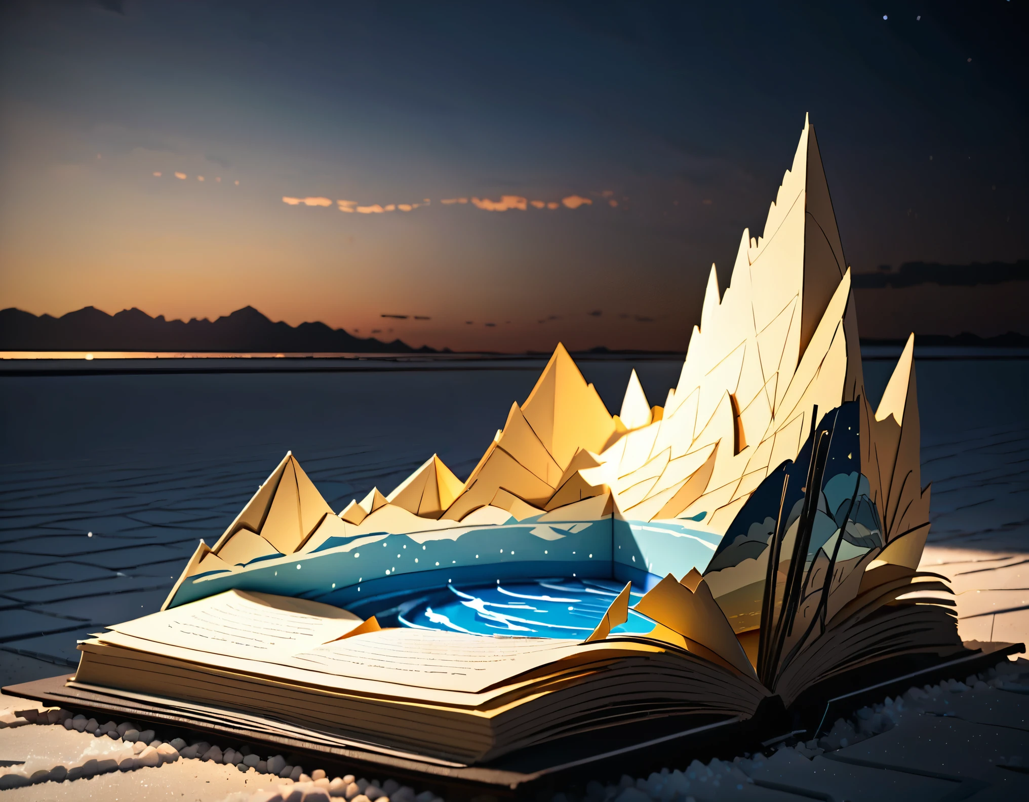(masterpiece:1.2, Highest quality,Highest quality,Super detailed),(Very detailed),8k(Uyuni Salt Flats Pop-up Book:1.5),(Cinema Lighting),(Written boundary depth),(Sophisticated lighting:1.2),(Chiaroscuro),(Origami art)