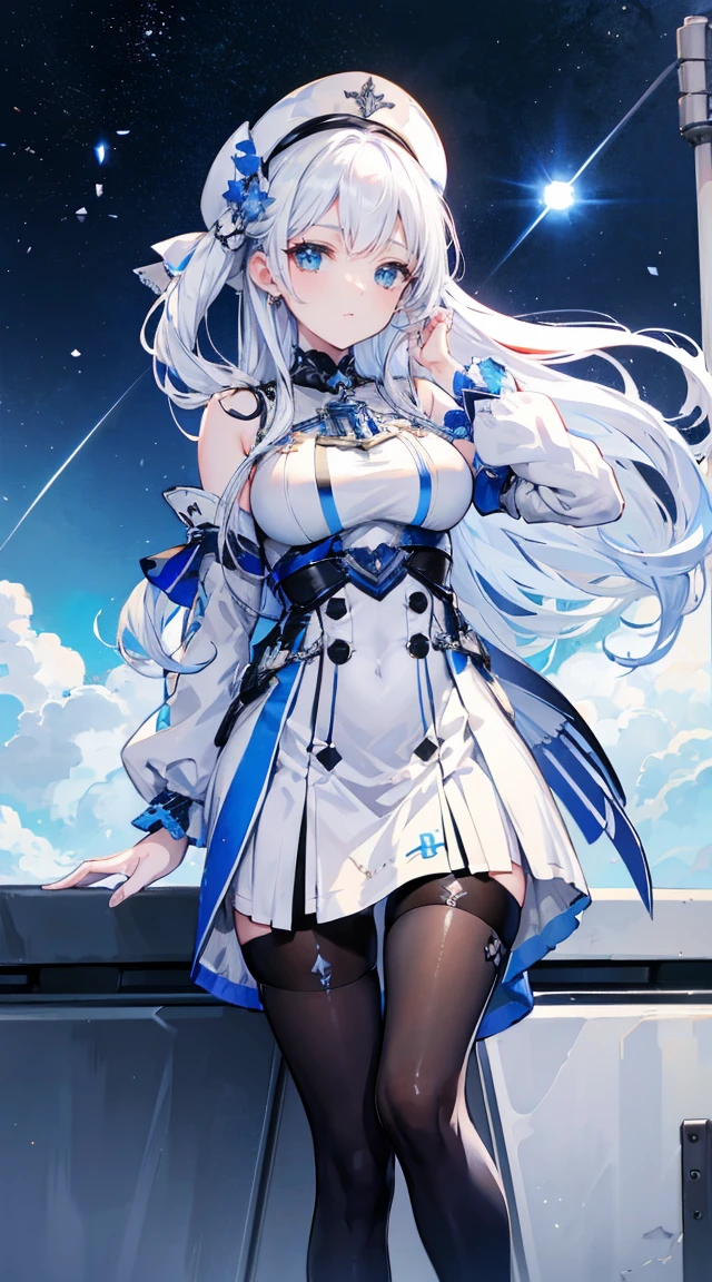 anime girl, White skin, with white hair, beautiful blue eyes, wearing a skirt, looking at the audience, meek expression, bare legs, 8K, High resolution
