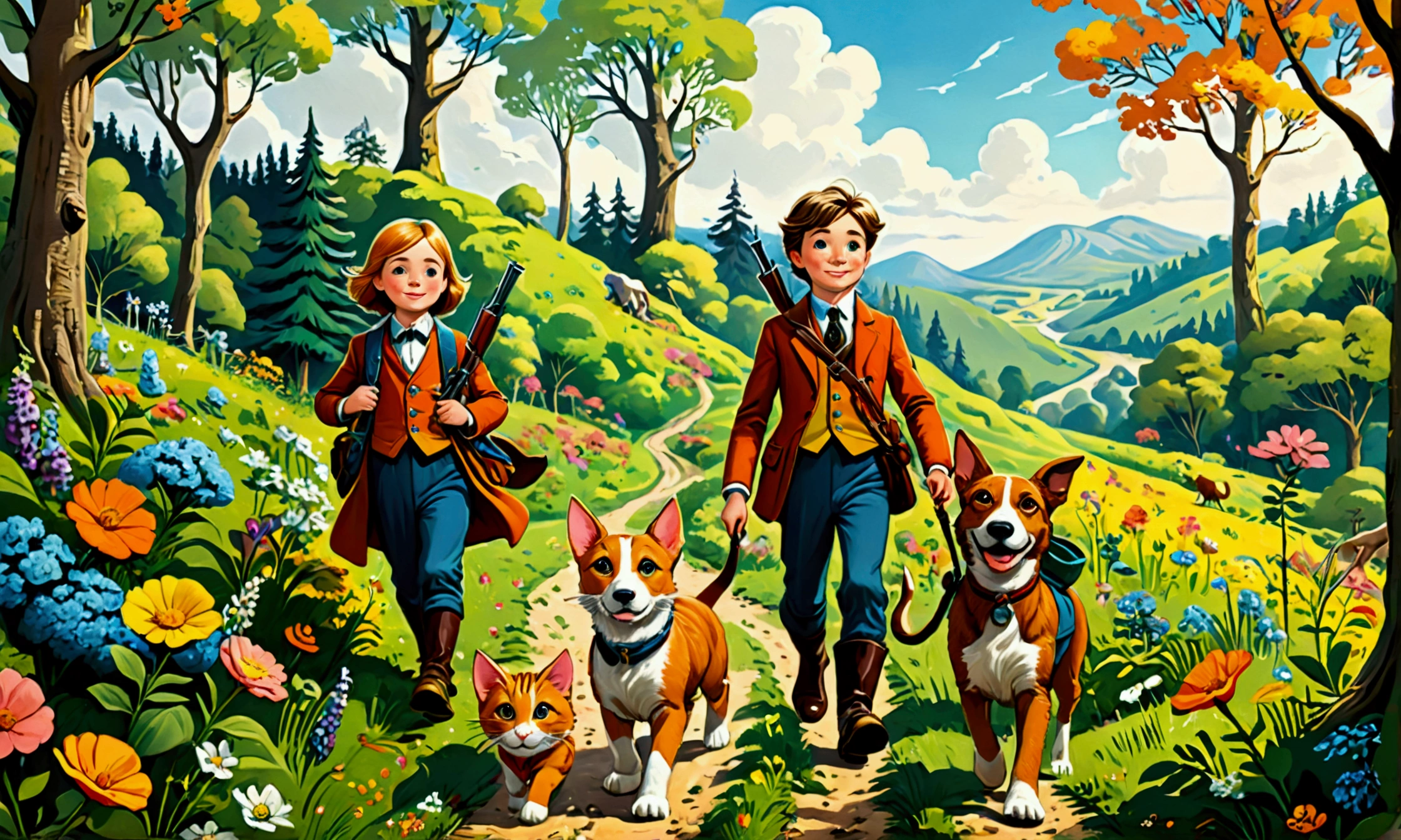 (Top Quality, Ultra Detailed, Realistic: 1.37), From a diagonal side view, Humorous, Cartoon style, Thick lines, Children's storybook illustration, Bright colors, Two hunters with hunting rifles in their hands walk carefully down a path through a flowered forest, while two hounds gallop around them. In the middle, an anthropomorphic human-sized cat dressed in a 19th century suit walks alongside them.
