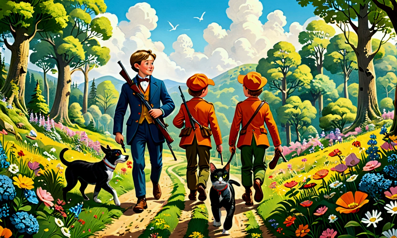 (Top Quality, Ultra Detailed, Realistic: 1.37), From a diagonal side view, Humorous, Cartoon style, Thick lines, Children's storybook illustration, Bright colors, Two hunters with hunting rifles in their hands walk carefully down a path through a flowered forest, while two hounds gallop around them. In the middle, an anthropomorphic human-sized cat dressed in a 19th century suit walks alongside them.