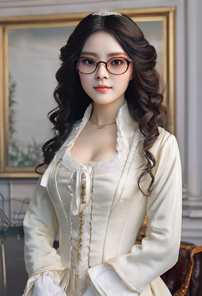 Elegant 18th Century English Court Costume、long curly wig、Glasses、Gentle and sophisticated eyes、Beautiful and exquisite lips、Extremely detailed eyes and face、A sophisticated male lawyer with long eyelashes、Detailed Background、Luxurious interior、high quality、Real、Photorealistic、Photorealistic:1.37、(最high quality、4K、8k、High resolution、masterpiece:1.2)、Super fine、(Real、Photorealistic、Photorealistic:1.37)、Dramatic lighting、Dramatic Shadows、Cinematic composition、Chiaroscuro、Rich colors、Decorative details、perfection style