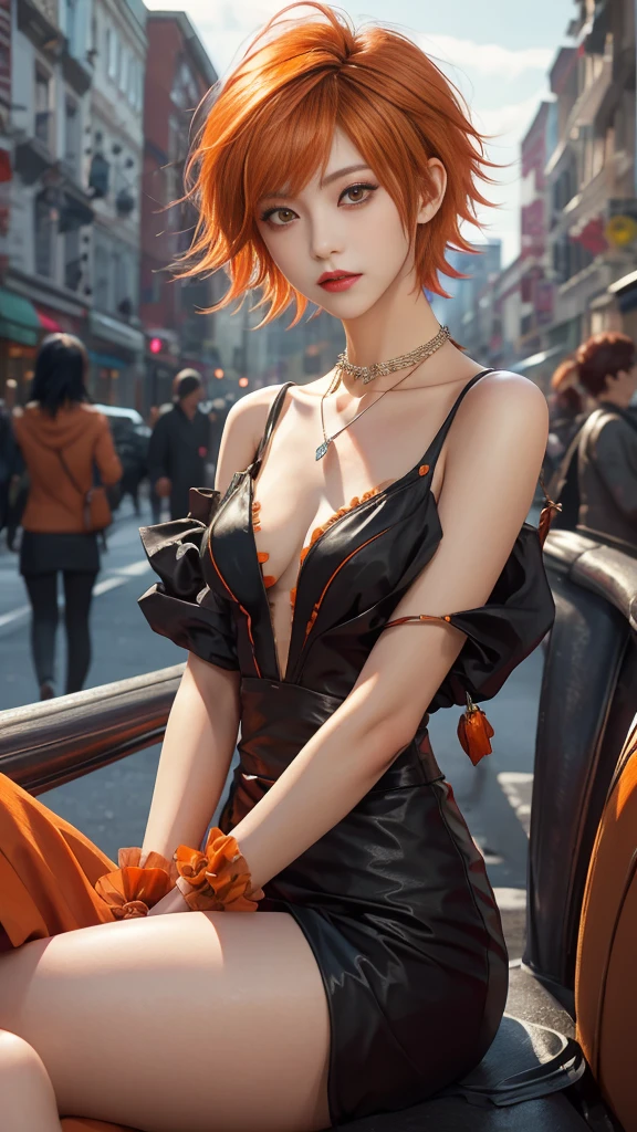 masterpiece, top-quality, ((1womanl)), different orange color, finely eye and detailed face, intricate detailes, Casual black and orange attire, window, A smile, Happiness, tenderness, high-level image quality、selfee, Beautuful Women、tall、a small face, D-cups, The upper part of the body、nightfall, nighttime scene、𝓡𝓸𝓶𝓪𝓷𝓽𝓲𝓬、Korea person, Idol Photos, Model photo, k pop, Professional Photos, Vampires, Korean fashion in black and orange, Fedoman with necklace, inspired by Sim Sa-jeong, androgynous vampire, :9 detailed face: 8, extra detailed face, detailed punk hair, ((eyes are deialed)) baggy eyes, Seductive. Highly detailed, semi realistic anime, Vampires, hyperrealistic , Delicate androgynous princess, imvu, ((short hair woman)), orange hair woman with wild look, ((Woman with short orange hair)), ((1 persons)), sitting,
