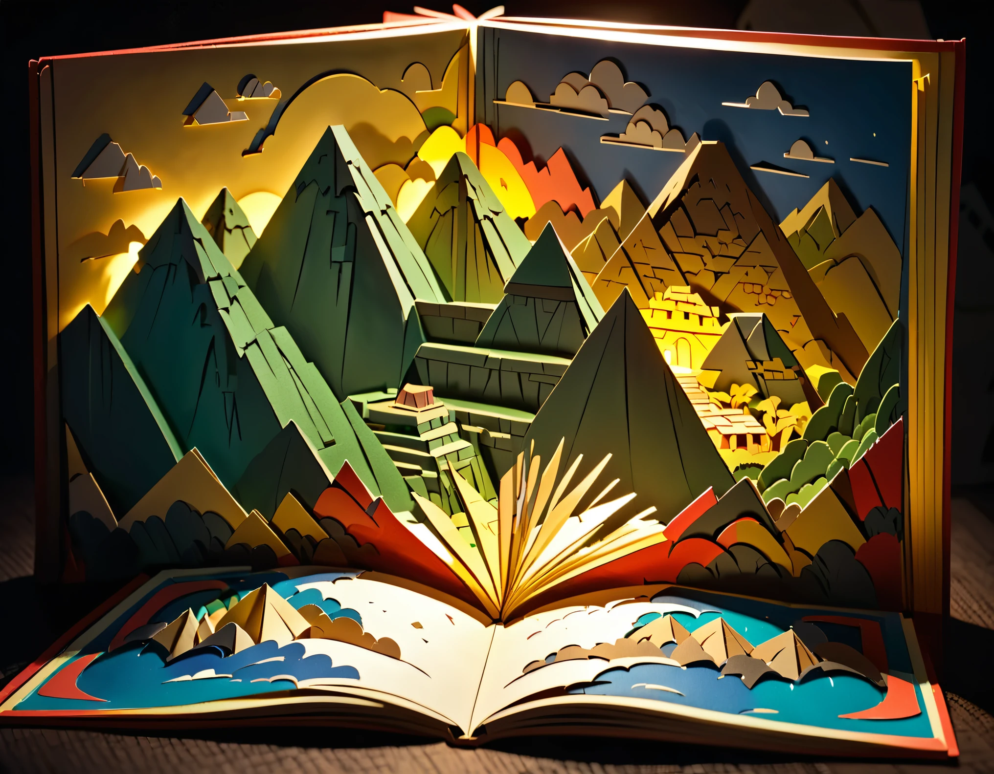 (masterpiece:1.2, Highest quality,Highest quality,Super detailed),(Very detailed),8k(Machu Picchu Pop-up Book:1.5),(Cinema Lighting),(Written boundary depth),(Sophisticated lighting:1.2),(Chiaroscuro),(Origami art)
