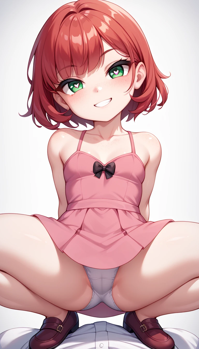 1 Girl, Small Breasts, Green Eyes, Heart Eyes, Deep Red Hair, Short Hair Style, Pale White Skin, Smooth Skin, Face Freckles, Slutty, Sexy, Sassy, Smirking, Tease, Teasing, Teasing, Sexy Pose, Young Girl, Very Small Girl, , Cute Pink Dress, Crouching over viewer, viewer looking up under her dress, Upskirt POV