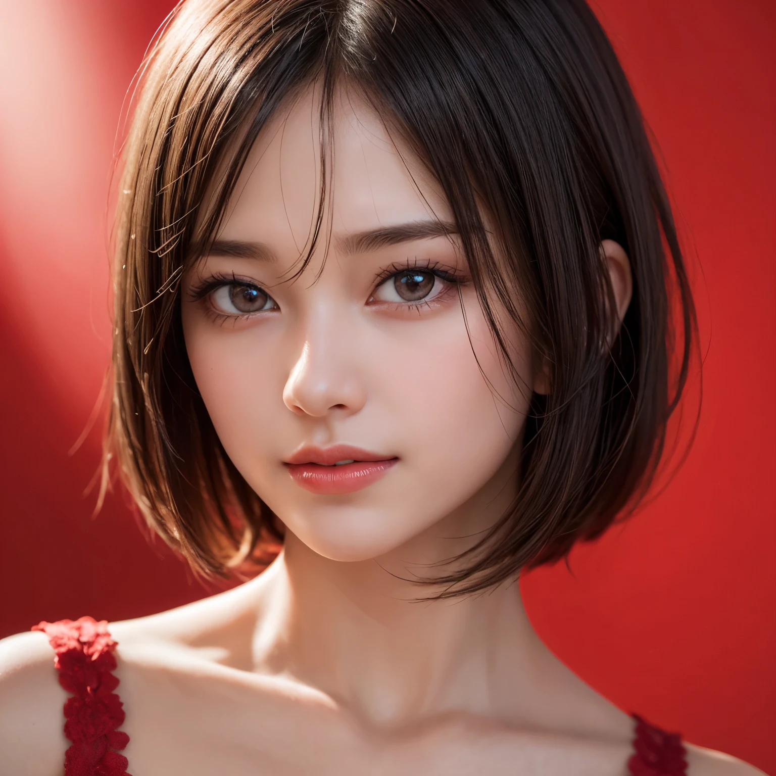 (1girl), Extremely cute, Amazing face and eyes, (Beautiful lovely smile), (extremely detailed beautiful face), bright shiny lips, (Best Quality:1.4), (Ultra-detailed), (A hyper-realistic, Photorealsitic:1.37), Beautiful fair skin, extremely detailed CG unified 8k wallpaper, professional photograpy, Cinematic lighting, (best quality,4k,8k,highres,masterpiece:1.2),ultra-detailed,(realistic,photorealistic,photo-realistic:1.37),beautiful eyes,beautiful lips,detailed face,red lipstick, gorgeous girl, elegant look,long eyelashes, confident expression,flawless skin, posing gracefully,flowing red fabric,soft and silky material,graceful movement,vibrant colors,artistic lighting,studio photo shoot, dreamy atmosphere, look younger, look younger, , vibrant colors,artistic lighting, studio photo shoot, sweet face, sweet face, short hair, short hair, very short hair, very short hair, half body frame, half body frame, artistic lighting,studio photo shoot, dreamy atmosphere, red background, red background, half body frame, half body frame, red background, shortter hair, shorter hair, red background, half body frame, half body frame, half body frame, half body frame, half body frame, red dress, red dress