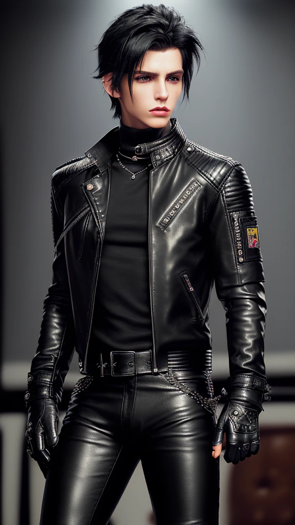 Final fantasy taste and reality graphics, ((Japanese young cute and cool ikemen boy)), his age is early 20s, thin eyebrows and beady eyes, ((he wearing black color leather thick and heavy material jacket)), ((jacket is single-brest)), , ((jacket is large size)),((with epaulet)), ((jacket is long sleeve)), ((zip up, front of the leather jacket)), , ((voluminous leather jacket)), ,((jacket is high length, and stand-up collar)) ((jacket collar with two belts)), ((jacket is a little black color line pattern)), ((also wearing black thick material turtleneck lackluster shirts)), ((tight black leather pants)), ((put black leather tight and thin glove on both hands)), ((black leather glove)),((black leather knee-high raceup boots)),((must views head-to-toe)),((must views whole body)), ,((Do not show skin from the neck down)),leather jacket leather glove and leather pants have few wrinkles, Avoid showing your innerwear,zip up jacket fastner.((must put on a leather glove)).
Boy is black hair.boy looks like fashion model.
Boy in the dim room.