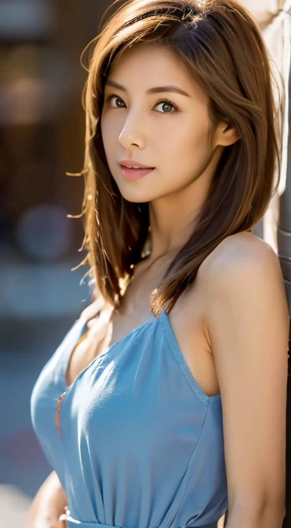 Highest quality, Realistic, Perfect Human Anatomy, Very detailed, Very delicate and beautiful, RAW Photos, Professional Lighting, illumination, Written boundary depth, Single Focus, whole body, Skinny Japanese woman, 45-year-old woman, Brown Hair, Small Head, Beautiful Eyes, True Face, Realistic skin, fine grain, (Fashionable hairstyles: 1.3),Bust Emphasis、Sexy blue dress、Lakeside
