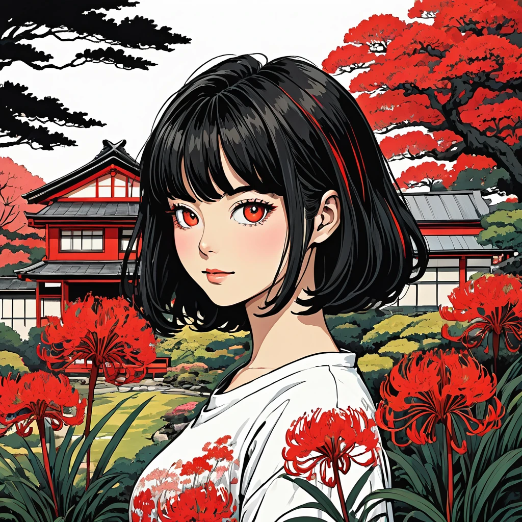 a beautiful illustration of a Lycoris Radiata with a Japanese house in white and black and red. t-shirt print style, White background.