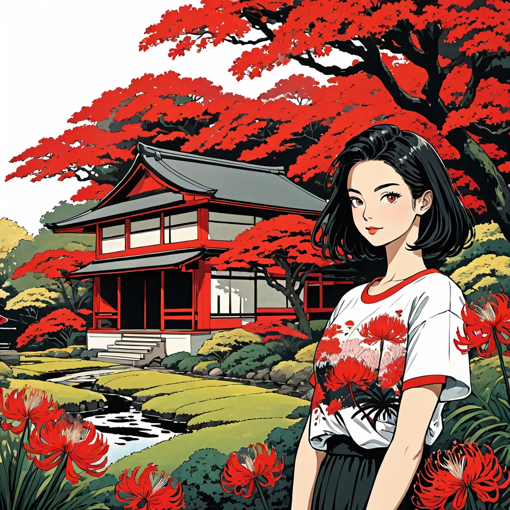 a beautiful illustration of a Lycoris Radiata with a Japanese house in white and black and red. t-shirt print style, White background.