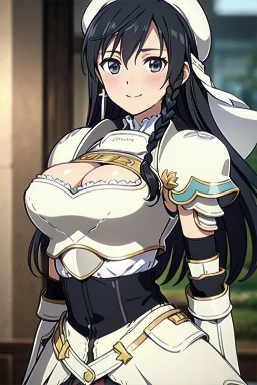 Sonia Blanche, cross earrings, hair ornament, veil, armored dress, pauldrons, breastplate, gauntlets, belt, skirt, greaves, (white beret), 1girl, solo, upper body, big breasts, facing viewer, looking at viewer, smile, hands on hips, (simple white background)