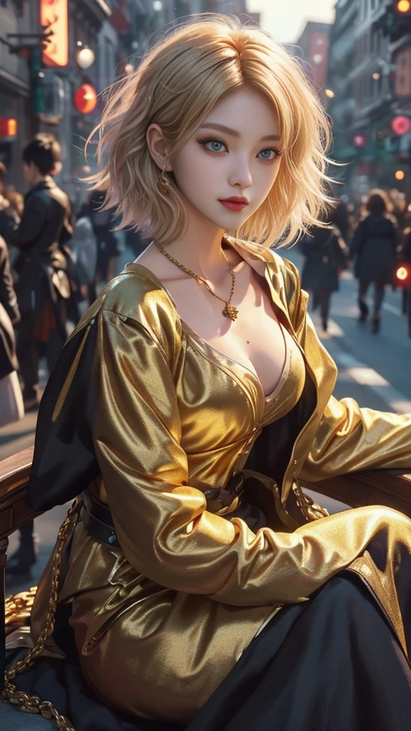 masterpiece, top-quality, ((1womanl)), different golden color, finely eye and detailed face, intricate detailes, Casual black and golden attire, window, A smile, Happiness, tenderness, high-level image quality、selfee, Beautuful Women、tall、a small face, D-cups, The upper part of the body、nightfall, nighttime scene、𝓡𝓸𝓶𝓪𝓷𝓽𝓲𝓬、Korea person, Idol Photos, Model photo, k pop, Professional Photos, Vampires, Korean fashion in black and golden, Fedoman with necklace, inspired by Sim Sa-jeong, androgynous vampire, :9 detailed face: 8, extra detailed face, detailed punk hair, ((eyes are deialed)) baggy eyes, Seductive. Highly detailed, semi realistic anime, Vampires, hyperrealistic teen, Delicate androgynous princess, imvu, ((short hair woman)), golden hair woman with wild look, ((Woman with short golden hair)), ((1 persons)),