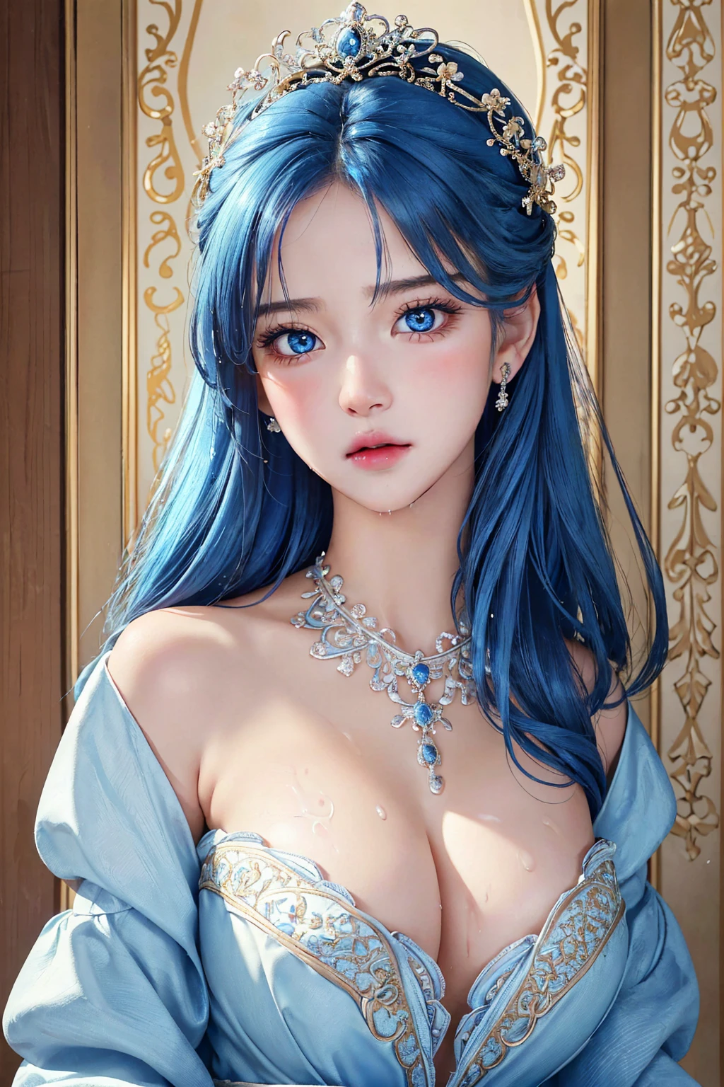 (masterpiece:1.2, Highest quality), (Realistic, photoRealistic:1.4), Ultimate beauty、mature, (Intricate details), unity 8k wallpaper, Super detailed, beautifully、aesthetic, Perfect lighting, (One girl), (Blue Hair, blue eye, Medium chest),, Dynamic pose, Dynamic Angle,  lipstick, slim, slim body, Medium chest, , Detailed Background, Realistic, alone, Face in perfect detail, detailed eye, Very detailed, blush, hair ornaments, rolling_eye, squint,beautiful girl、Baby Face、(カメラeye線、Looking at the front、Bust up shot)、(I&#39;m worried、Open your mouth:1.5)、(Wet hair、Wet skin:1.3)、(Semen is on it:1.5)、