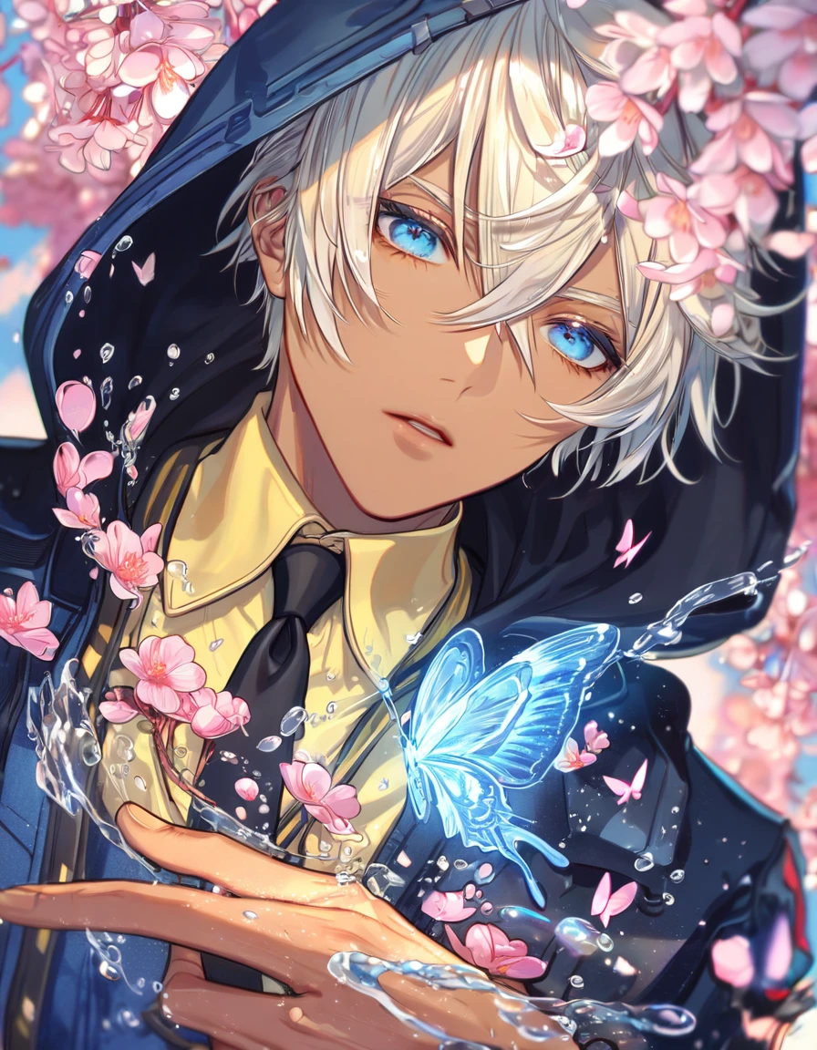 absurdres, highres, ultra detailed, HDR, master piece, best quality, extremely detailed face, delicated features, Soma Schicksal, platinum blond hair, expressive blue eyes, tanned skin, God Eater, solo, sexy man, handsome, dark blue hooded coat, yellow shirt, black necktie, water, blossoms, pink flowers, pink butterflies, fantasy, magic, radiant