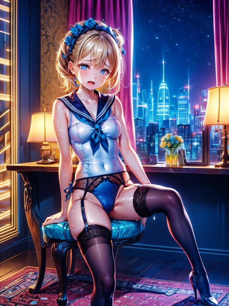 Masterpiece,Highest quality,Highest Resolution,A beautiful girl in a sailor leotard crying,High leg,Knee-high stockings,Bedroom,(((Drink))),Night view outside the window,Tears,Dripping saliva,sweat profusely,whole body,up,Very beautiful eyes,looking at the camera,(((Open your mouth))),garter belt,