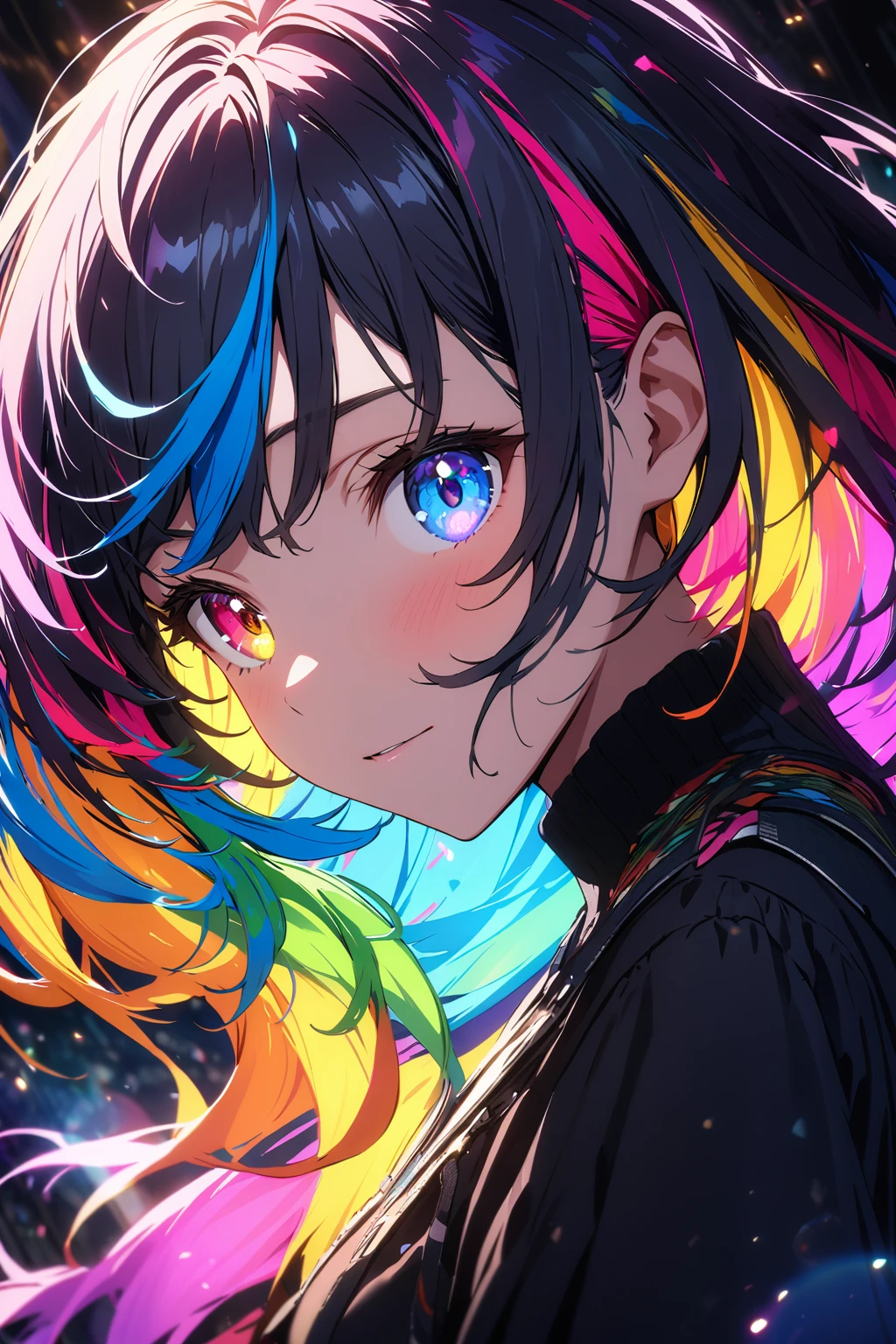 {{masterpiece}}, best quality, extremely detailed CG unity 8k wallpaper, cinematic lighting, lens flare, beautiful detail eyes, black, side glance, multicolor hair, colorful light, particles, heterochromia, (colorful:1.5), (colorful hair:1.5),