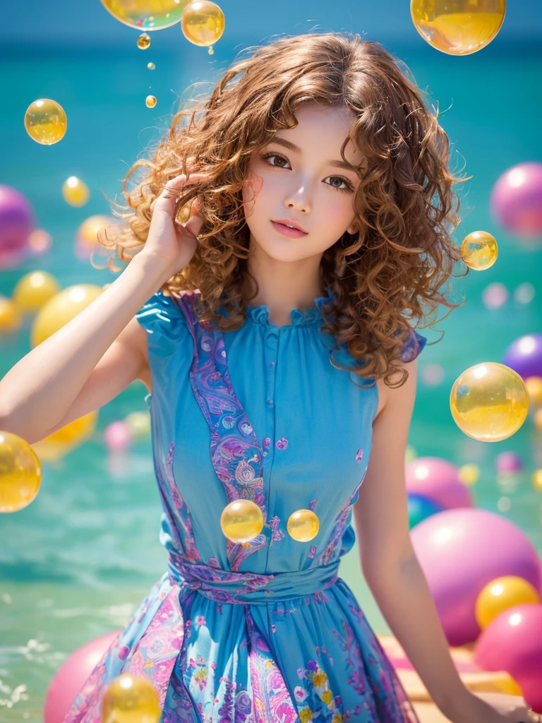 (masterpiece), (Highest quality), (Super detailed),(Curly hair),(figure), (One girl), (Fashionable clothes), Are standing,Fashion Model, View your viewers, (interview), (Simple Background), Beautiful attention to detail,Delicate and beautiful face,float,(High chroma),(Colorful splashes),Colorful bubbles,(Shiny),Focus on the face,(Fidelity:1.35)