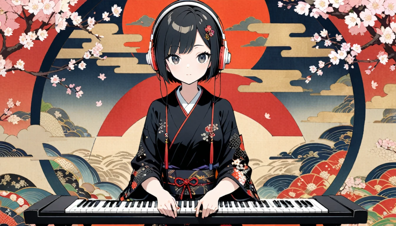 A short-haired girl wearing headphones is playing the piano under a cherry blossom tree, Ukiyo-e style々Surrounded by beautiful Japanese flowers and plants. The background features a colorful pattern with Japanese geometric and floral motifs.. She is wearing a black outfit with intricate patterns, Adding to her stylish look. While she plays music、Gently reach out to each key on your keyboard。. This illustration is、It offers a unique visual experience that combines traditional Japanese artistic elements with contemporary design.。. --3 pieces included:4 --Niji6、Keep your hands out of sight