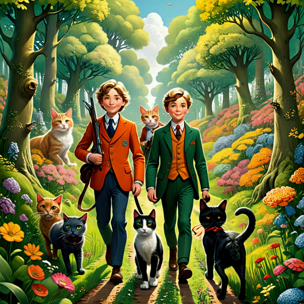 (Top Quality, Ultra Detailed, Realistic: 1.37), From a diagonal side view, Humorous, Cartoon style, Thick lines, Children's storybook illustration, Bright colors, Two hunters with hunting rifles in their hands walk carefully down a path through a flowered forest, while two hounds gallop around them. In the middle, an anthropomorphic (human-sized cat:1.2) dressed in a 19th century suit walks alongside them.