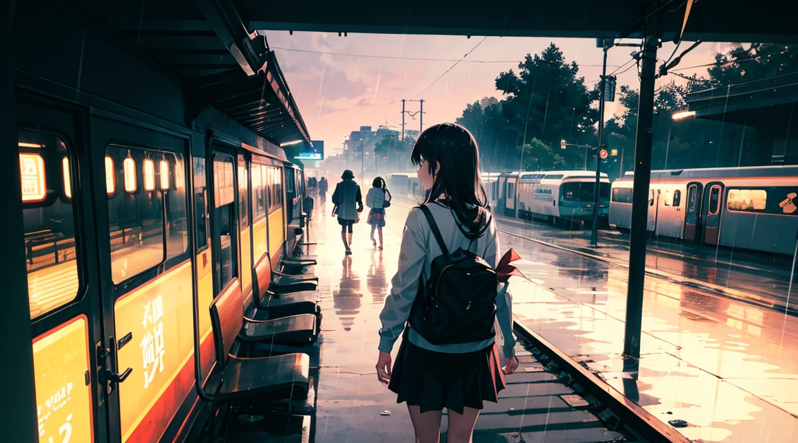 anime train scene, Passing under the pink-purple sky, Xin Haichengによるアニメの絵, Pixiv Trends, magical realism, Beautiful anime scene. Xin Haicheng, ( ( Xin Haicheng ), Xin Haicheng, Anime Background Art, Xin Haichengのスタイル, Lots of rain、High  girl alone at the station