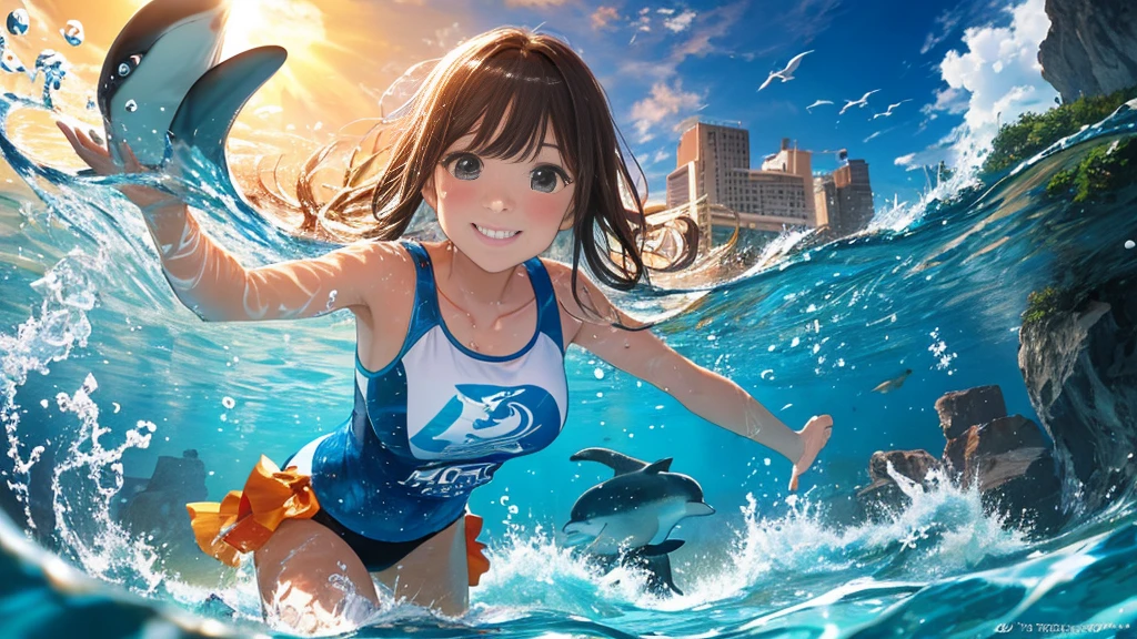 {best quality}, {very aesthetic}, {ultra-detailed}, {8k}, {Super elaborate face}, {Super-smart body}, {best illustration}, swim under the sea, In the water, A woman playing with dolphins on the ocean floor in midsummer, Ocean floor at dusk, smile, Super-detailed dolphin, 夕日が刺し込むIn the water, T-Shirts,