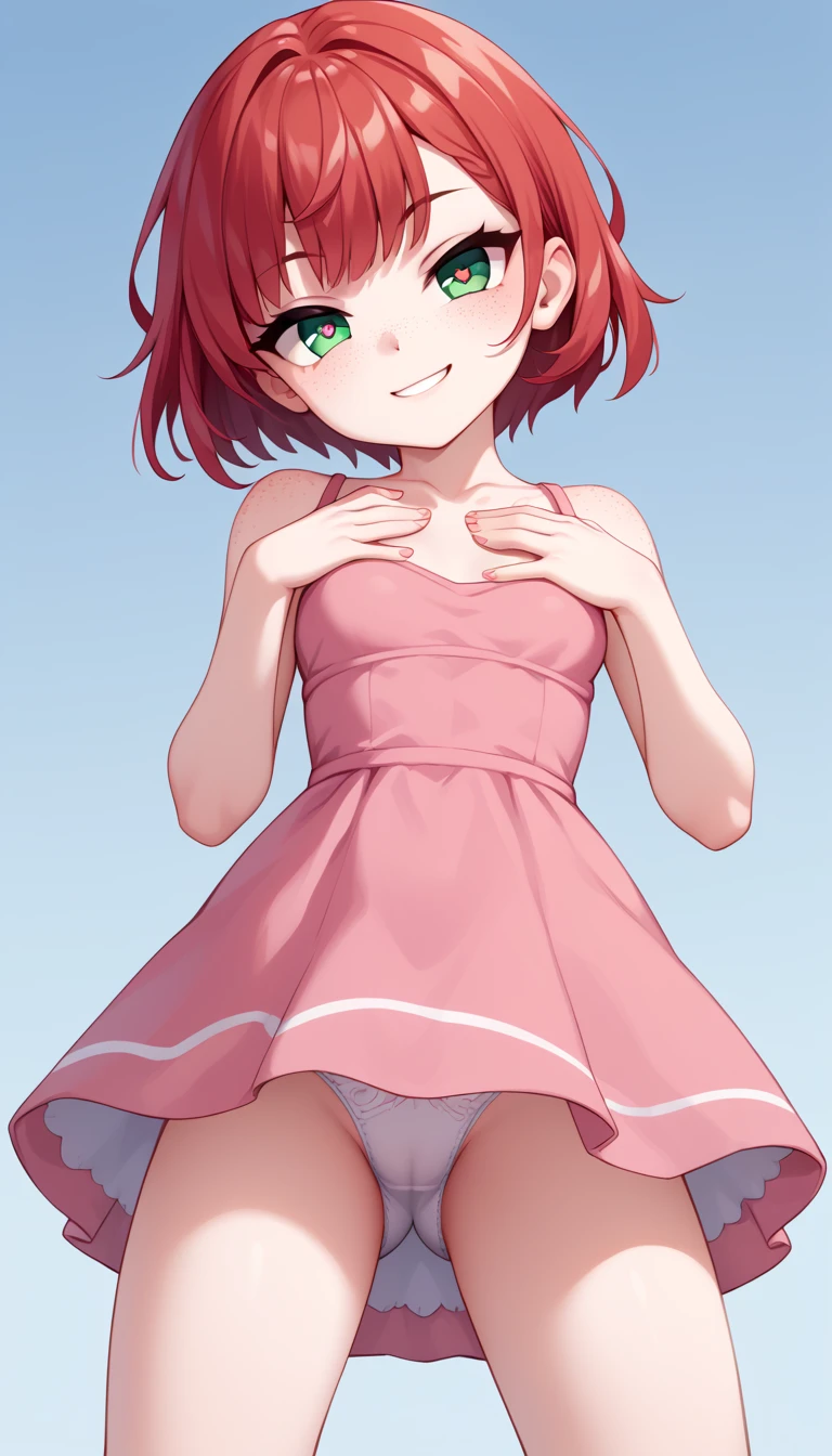 1 Girl, Small Breasts, Green Eyes, Heart Eyes, Deep Red Hair, Short Hair Style, Pale White Skin, Smooth Skin, Face Freckles, Slutty, Sexy, Sassy, Smirking, Tease, Teasing, Teasing, Sexy Pose, Young Girl, Very Small Girl, , Cute Pink Dress, Standing over viewer, viewer looking up under her dress, Upskirt POV