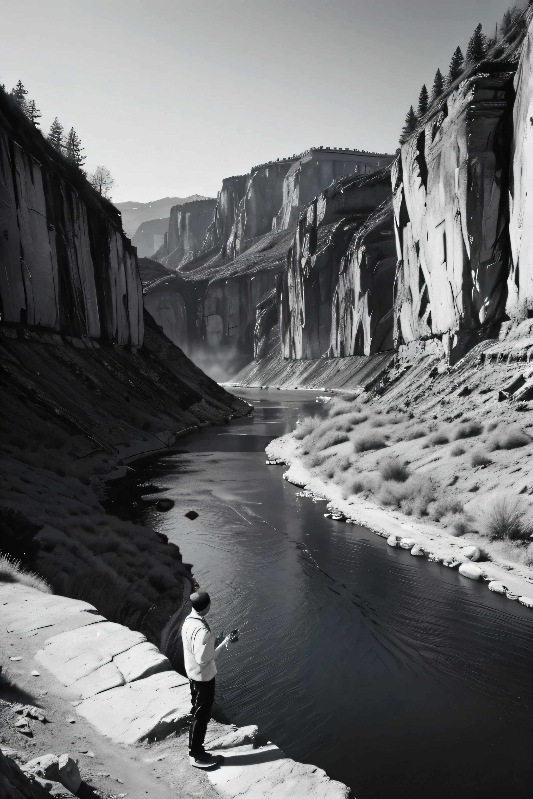 photograph of man in white warm clothes , canyon and a river behind , it is colored on the riverbank and the rest is black and white,RAW