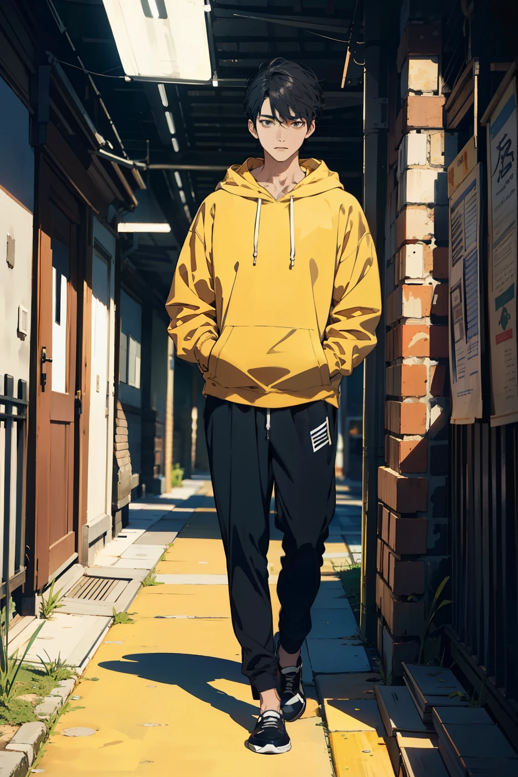 ((best quality)), ((master part)), (circunstanciado), face perfect, 1st grade, standing alone, Handsome, yellow hoodie, cabelos negros cacheados, Looking at Viewer, portraite, talking to the viewer, Fujimoto style