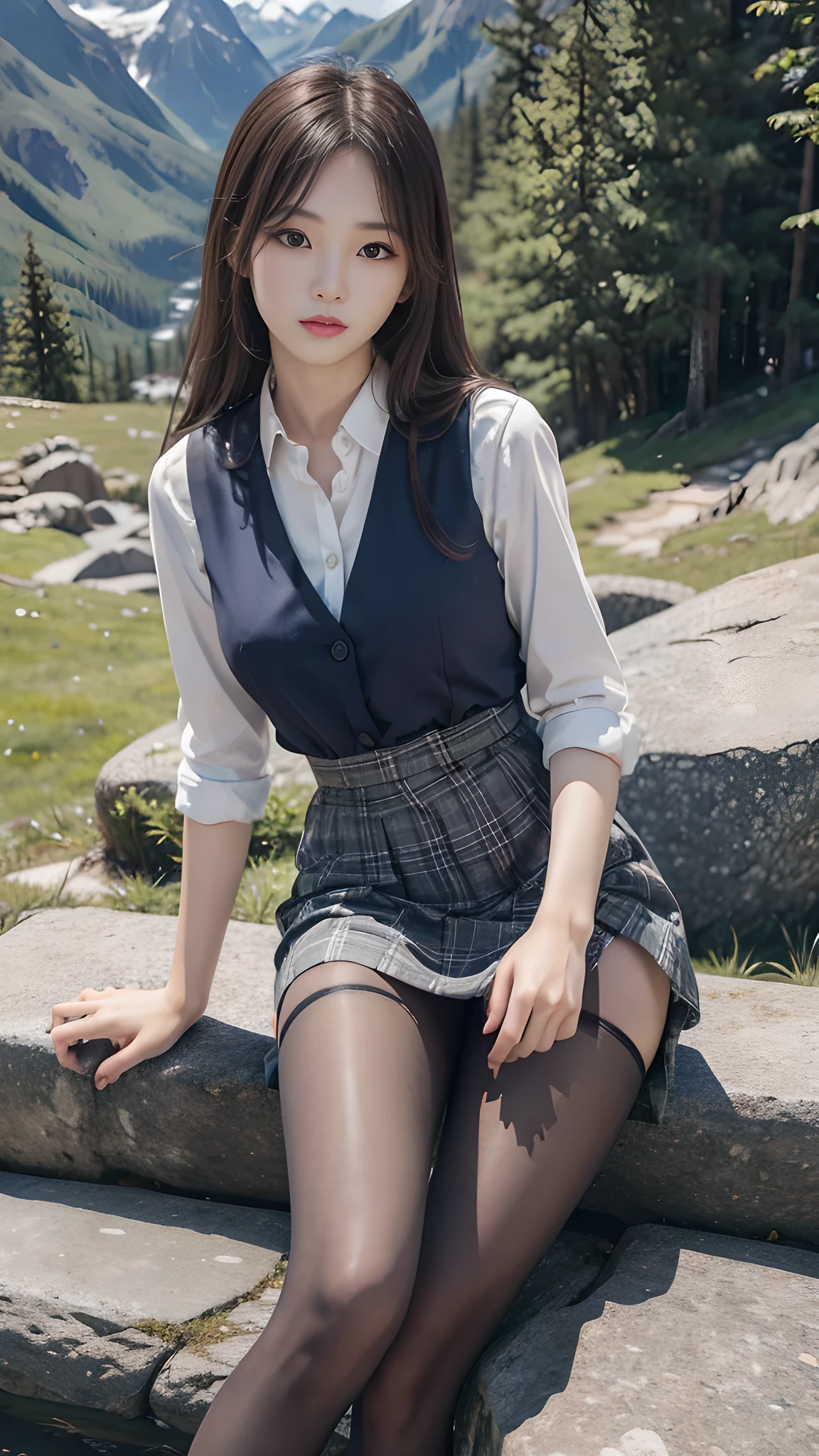 ulzzang-6500-v1.3, (RAW Photos:1.2), (Photorealistic), (Genuine:1.4), 1girl、Perfect Anatomy、20 years old、Looking at the camera、Medium Long Hair、Plaid vest、skirt, ((in the mountains, plant, sitting position, Leaning against the rocks))、(Ultra-realistic pantyhose:1.2), (High heels)、(Business services)、Asian Eyes Ella,