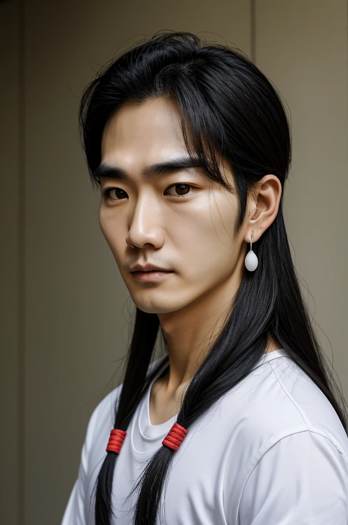 Half body photo, 36 year old man, Korean, thin face, White face, fine features, high, athletic, Long hair, earrings in the ears, bushy eyebrows