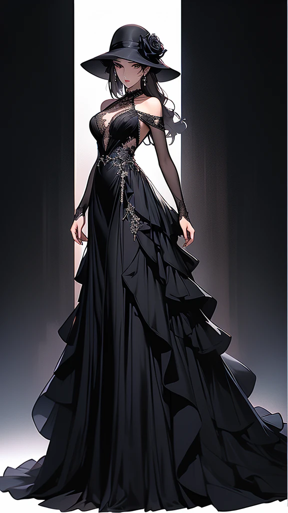 woman in a black dress and hat with a black rose, elegant lady, digital art of an elegant, elegant digital painting, elegant woman, elegant girl, wearing transparent black dress and hat, mysterious glamour, exquisite black accessories, stunning elegant pose, wearing black old dress and hat, an elegant woman in black dress, high fashion classy, elegant and graceful,full body,