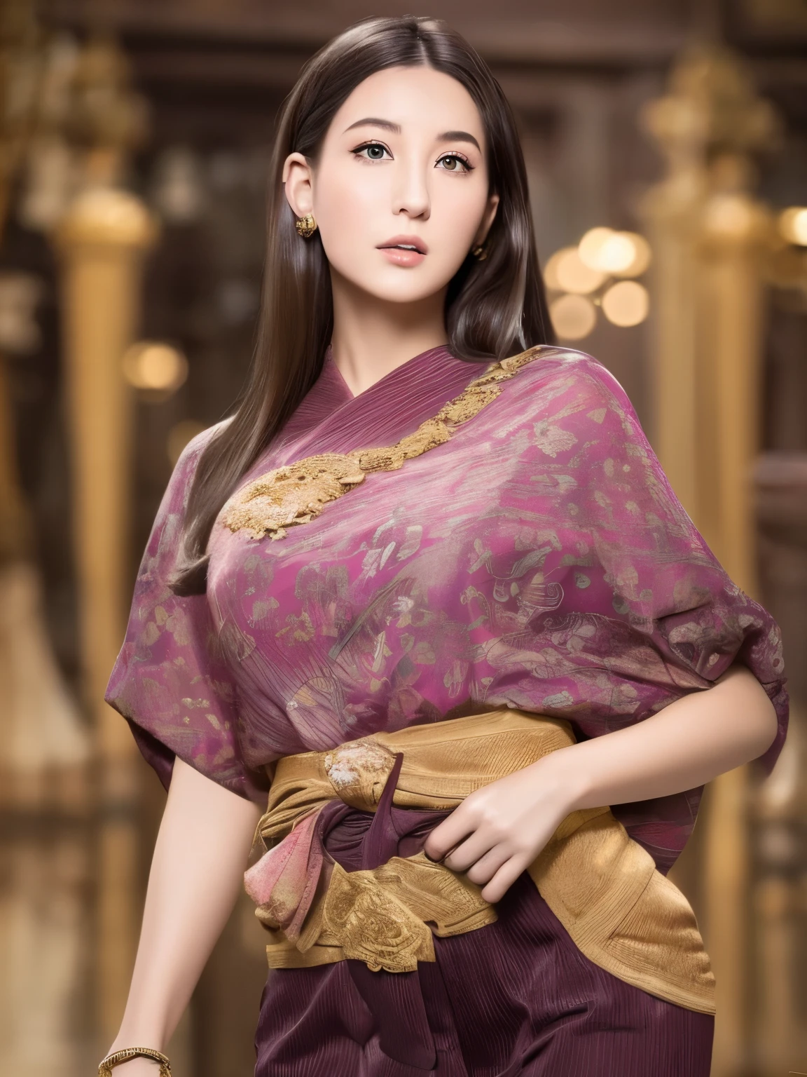 (RAW photo:1.2), (photorealistic:1.4), (masterpiece:1.3), (best quality:1.4), ultra high res, (detailed eyes), (detailed facial features), (detailed clothes features), HDR, 8k resolution, solo focus, thai tradition dress, tradition shawl, golden jewelry, 1 girl, facing to viewer, full body, depth of field, cinematic light, (adorable  girl with rim lighting :1.2), (((perfect body shape ))), 21 year old, (Japanese face), (pale skin), (gorgeous short hair:1.1), (dark hair:1.11), Random body orientation,