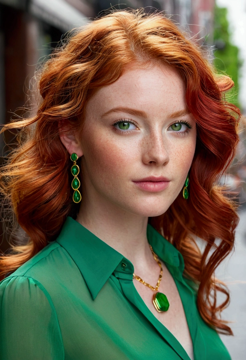 a realistic image of a young woman in her 20s, with vibrant, wavy red hair. She must have fair skin. your look is captivating, with bright green eyes that convey confidence and friendliness. The young woman is wearing a modern and stylish blouse, with delicate accessories, like small earrings and a thin chain around your neck. The background must be an urban environment, like a busy street or a trendy cafe, reflecting your lifestyle as a digital influencer. Lighting should be soft, highlighting its natural beauty and the vibrant atmosphere around it