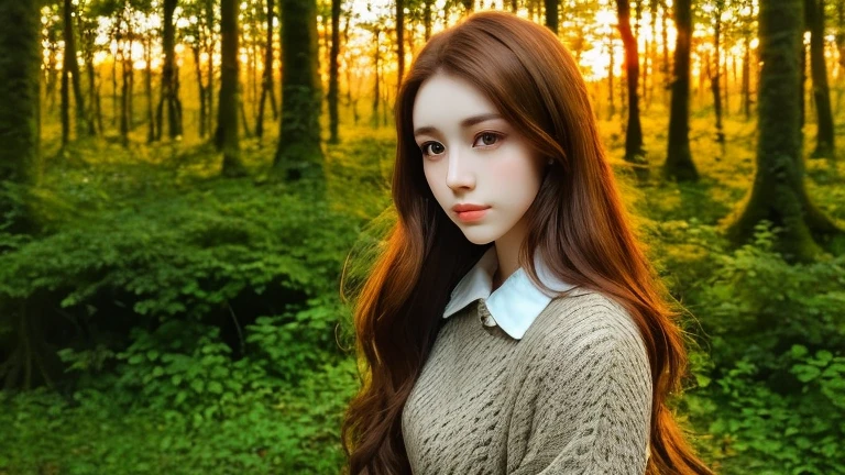 Beautiful and mysterious woman with brown hair, Watching the sunset in a beautiful forest