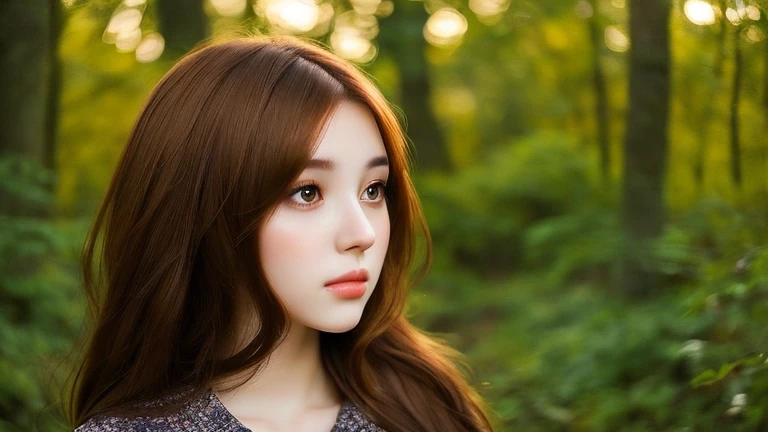 Beautiful and mysterious woman with brown hair, Watching the sunset in a beautiful forest